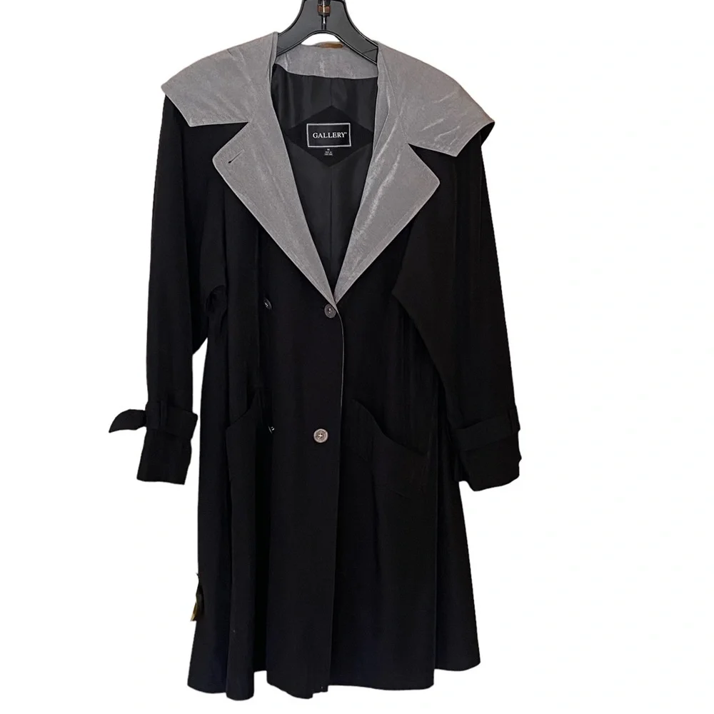 Gallery Black Gray Hooded Trench Rain Coat Medium NWOT
